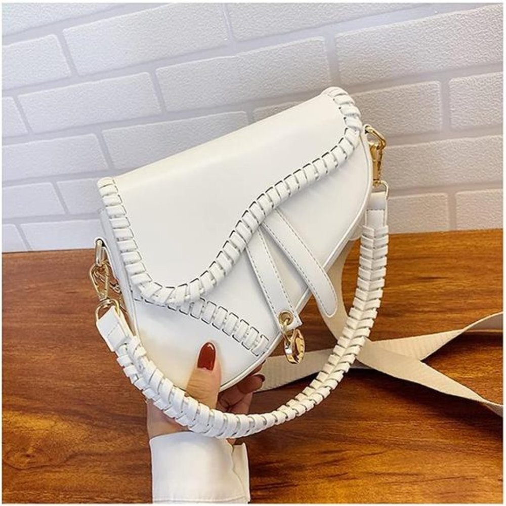 White Braided Faux Leather Mini Saddle Purse Shoulder Mini Crossbody Bag Handbag - Picture 2 of 7
